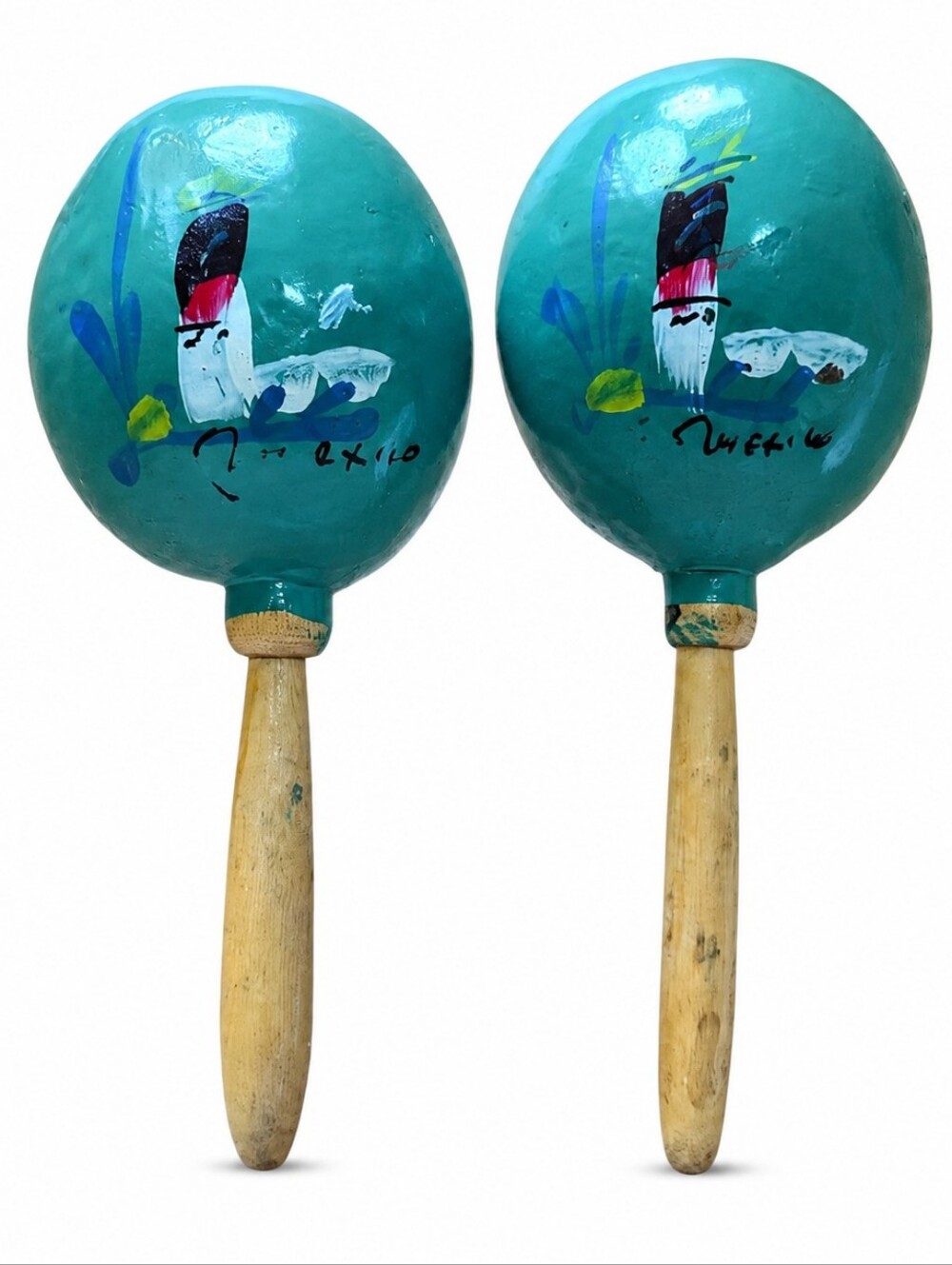 Vintage Hand Painted Wooden Maracas Set of 2 Turquoise Folk Art 7 Inch Signed